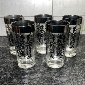 Set 5 Elegant Black and Silver Highball Glass Set. 1960’s Kimiko. Guardian Crest